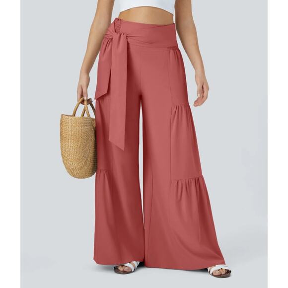 NWT Halara Breezeful High Waisted Shirred Tie Wide Leg Flowy Pants in Flame - Picture 1 of 12